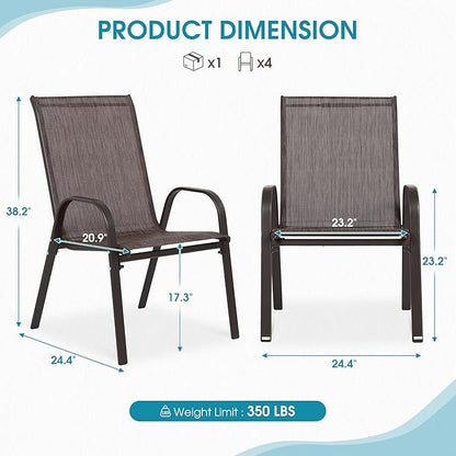 Outdoor Stackable Chairs Set of 4, Stacking Patio Chairs with Textilene Fabric, Outside Furniture for Garden Backyard Balconie Poolside Deck, Brown