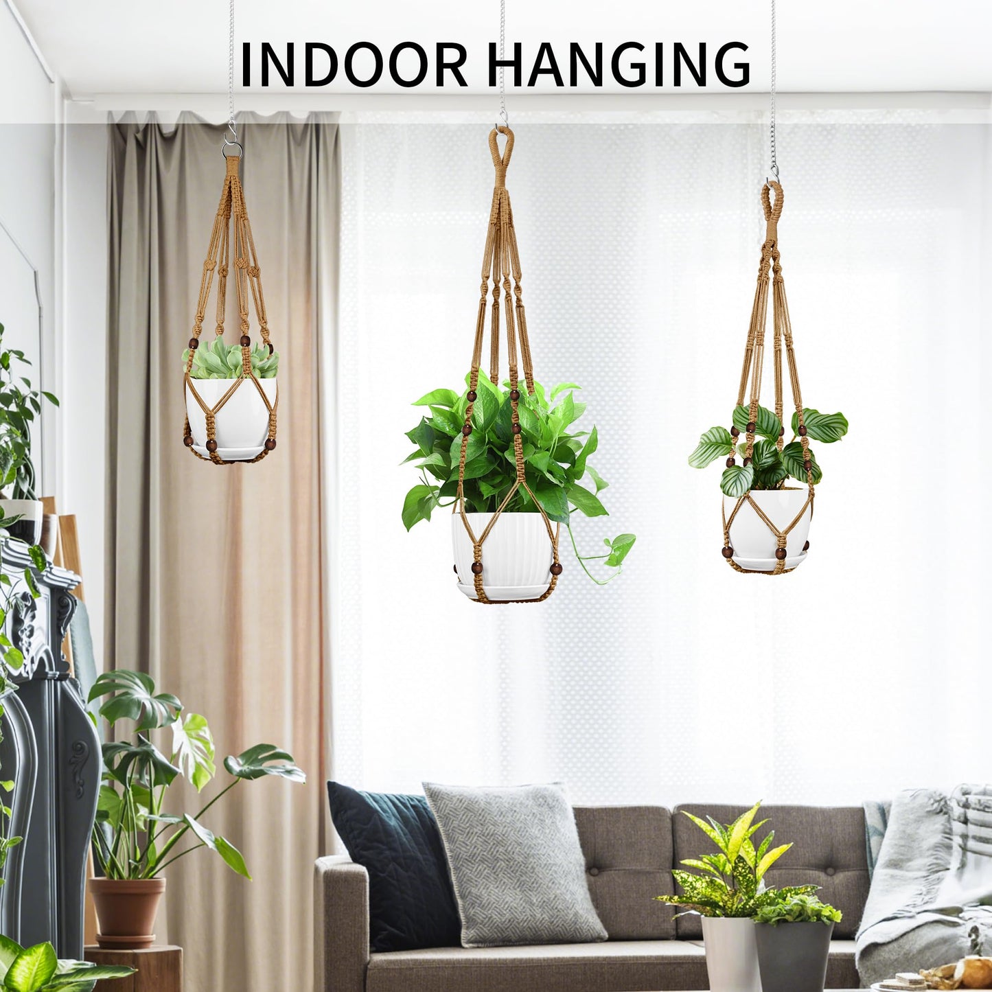 IDEEEPAN Macrame Plant Hanger - Fits 4 to 13 inches Pots for Indoor Outdoor, 35"/29"/23" Different Sizes Set, Brown (POTS NOT Included)