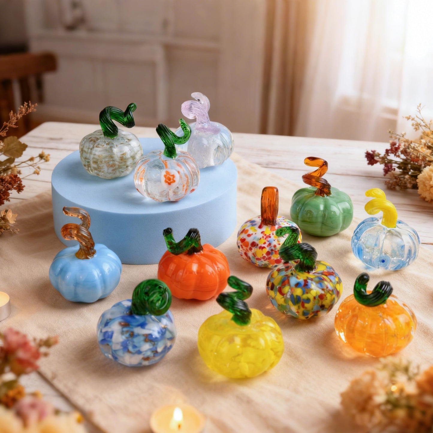 QIANCHANG 12pcs Mini Blown Glass Pumpkin Figurines Collectibles Thanksgiving Halloween Crystal Pumpkin Paperweight Fall Decorations for Home