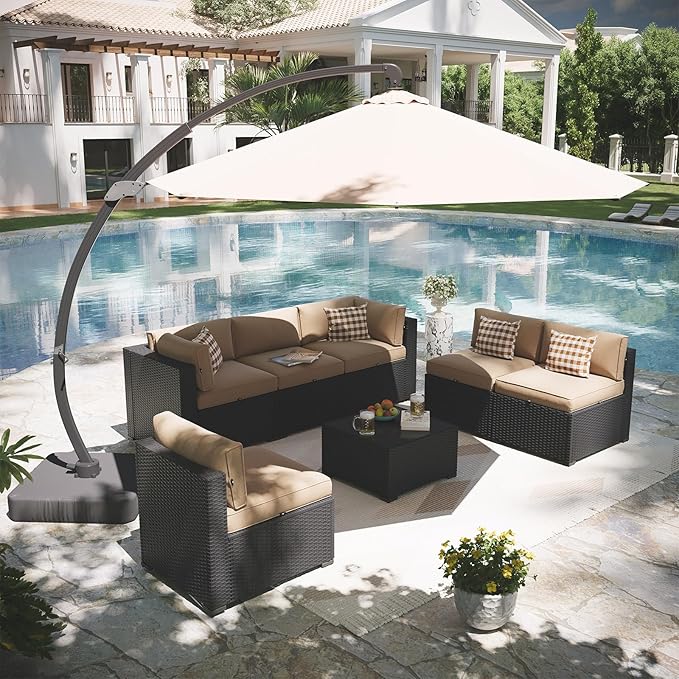 Aoxun Patio Furniture Set with Umbrella, 8 Piece Outdoor Sectional Sofas