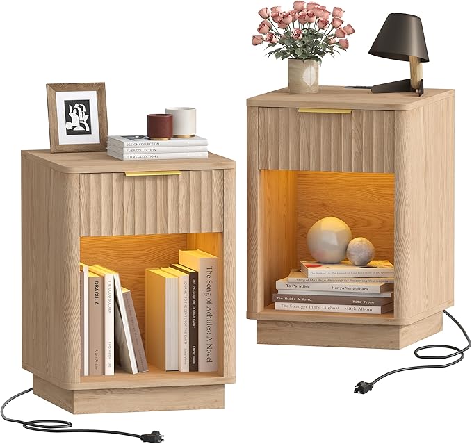 Akxomel Fluted Nightstands Set of 2, Wooden Night Stand