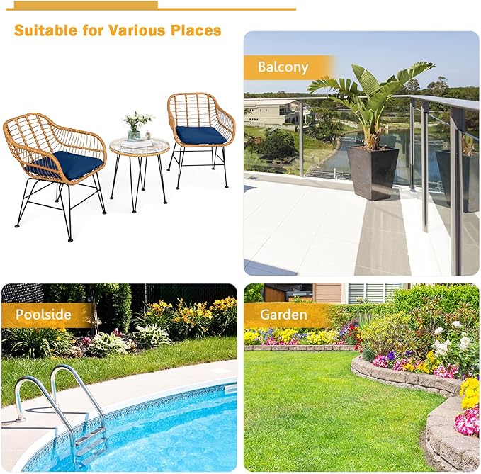 Tangkula 3 Pieces Patio Bistro Set, Rattan Conversation Set