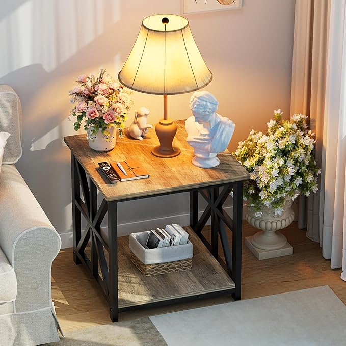 GreenForest End Table with 2-Tier Storage Shelf, 24 inch Large Side Table