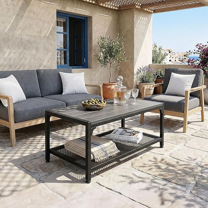 ODK Outdoor Coffee Table with Double-Layer Storage, Rectangle Weather-Resistant