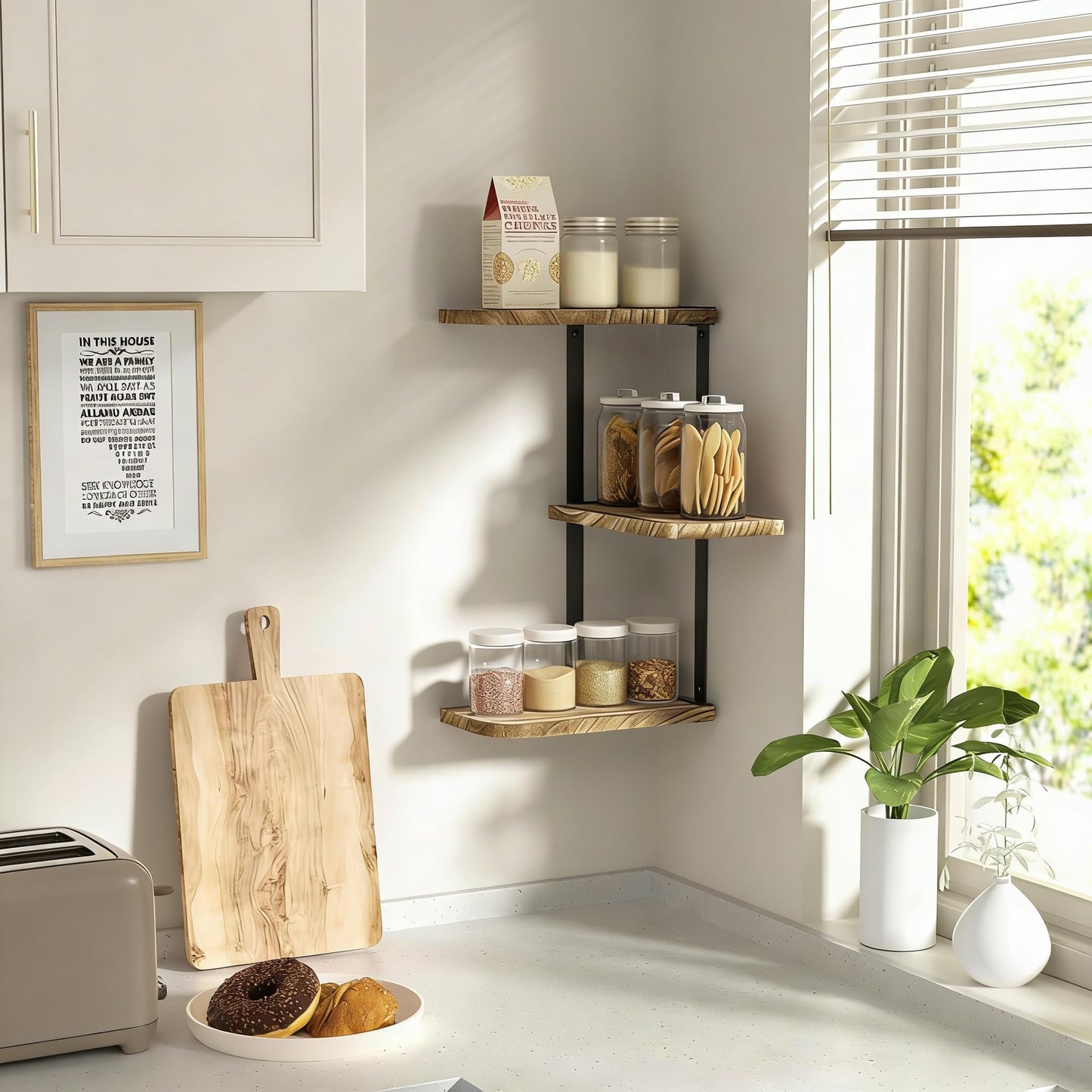 Love-KANKEI Corner Shelf Wall Mount of 3 Tier Rustic Wood Floating Shelves for Bedroom Living Room Bathroom Kitchen Office and More Carbonized Black