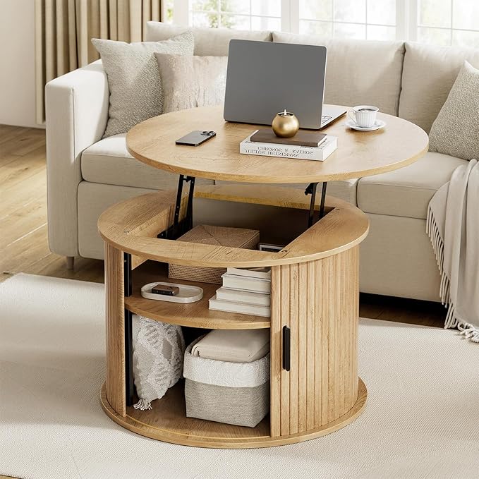 FABATO Round Lift Top Coffee Table, Fluted Wood Accent Coffee Table