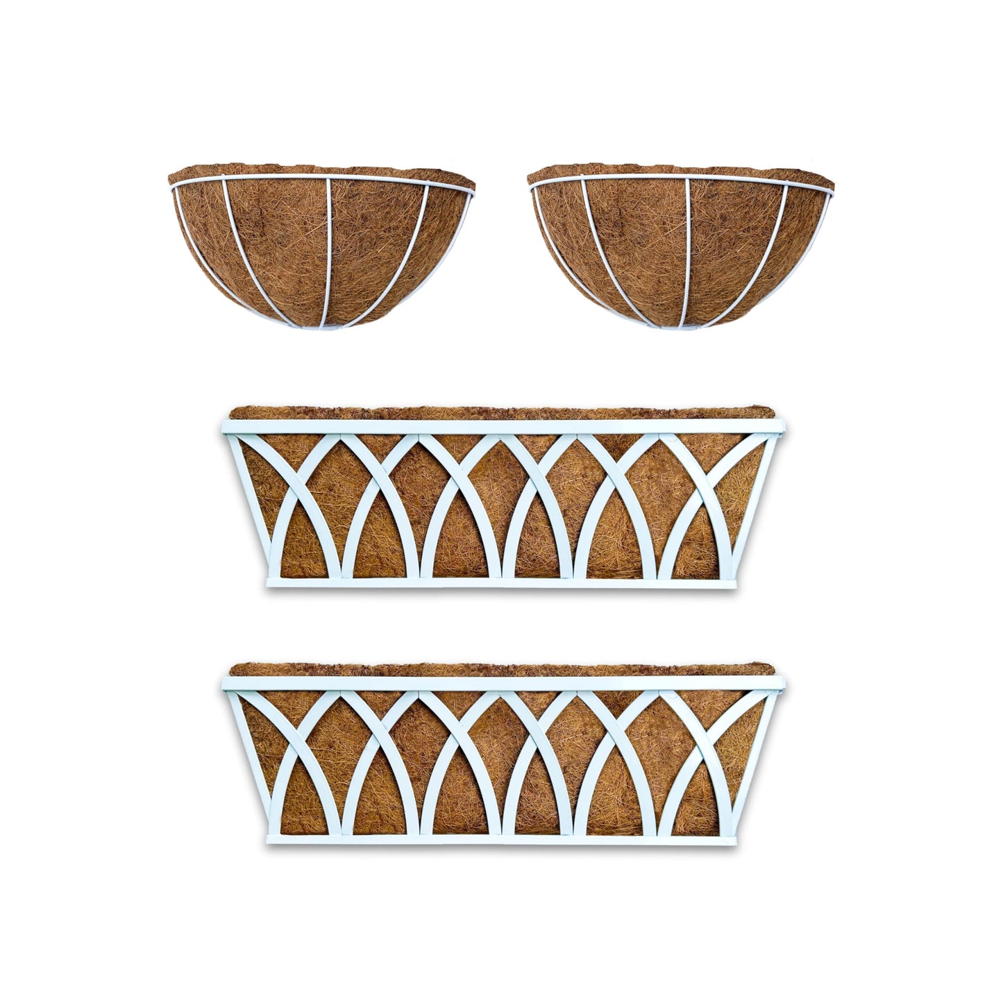 LalaGreen Bundle-2 Pack,24 Inch White Rectangular + 2 Pack,16 Inch White Metal Hanging Planter with Coco Liner, Window Deck Fence Rail Flower Pots,Farmhouse Wall Mount Balcony Porch Outdoor Basket Box