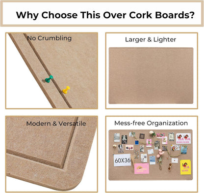 Foldable Large Felt Bulletin Board for Wall 48"x 36", Decorative Picture Framed Display Board with Self-Adhesive Tape for School, Home, Kitchen & Office Walls, Includes 30 Pins, Oatmeal