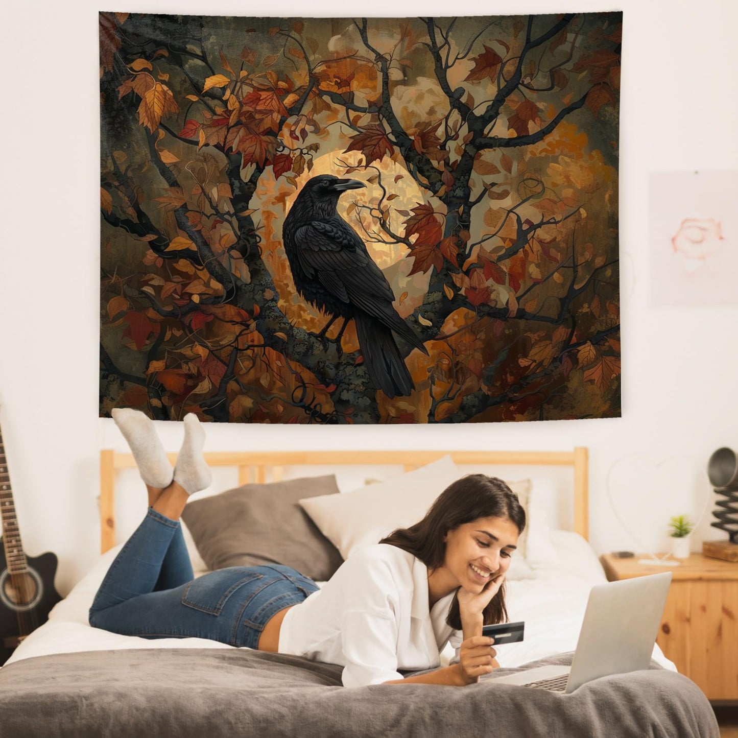 LUVADIAN Halloween Gothic Tapestry, Halloween Black Raven Tapestry Wall Hanging, Dark Academia Halloween Black Crow Wall Art Blanket for Home Bedroom Living Room Office Decor, 50x60 Inch