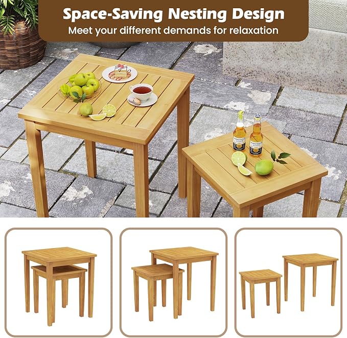 Tangkula 2 Pieces Patio Nesting Table, Teak Wood Outdoor Space Saving Design