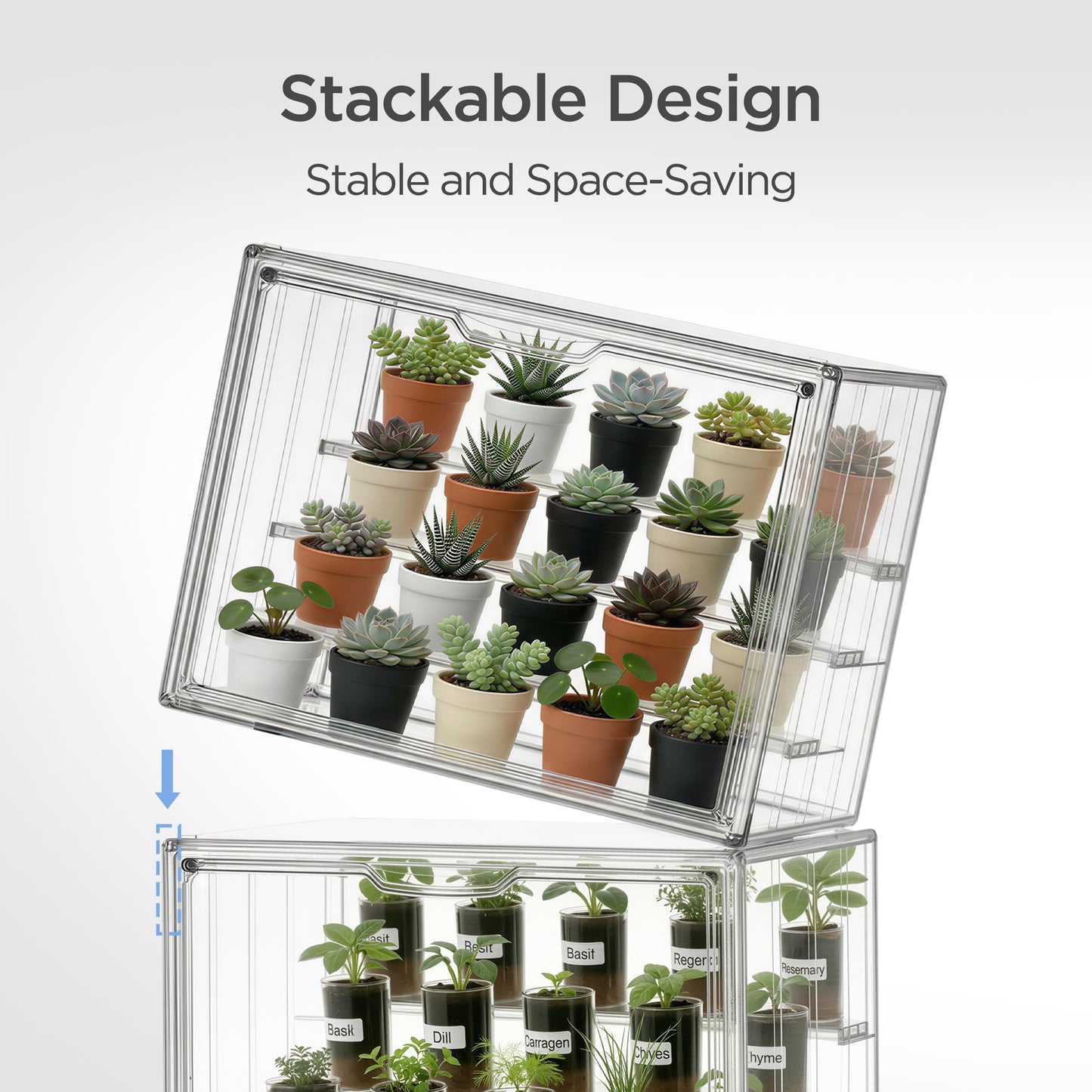 HBlife Mini Greenhouse for Indoor, Clear Stackable Green House with Magnetic Door & Adjustable Drainage Dividers, Tabletop Portable Greenhouse for Small Plants Nursery Germination and Display, 1 Pack