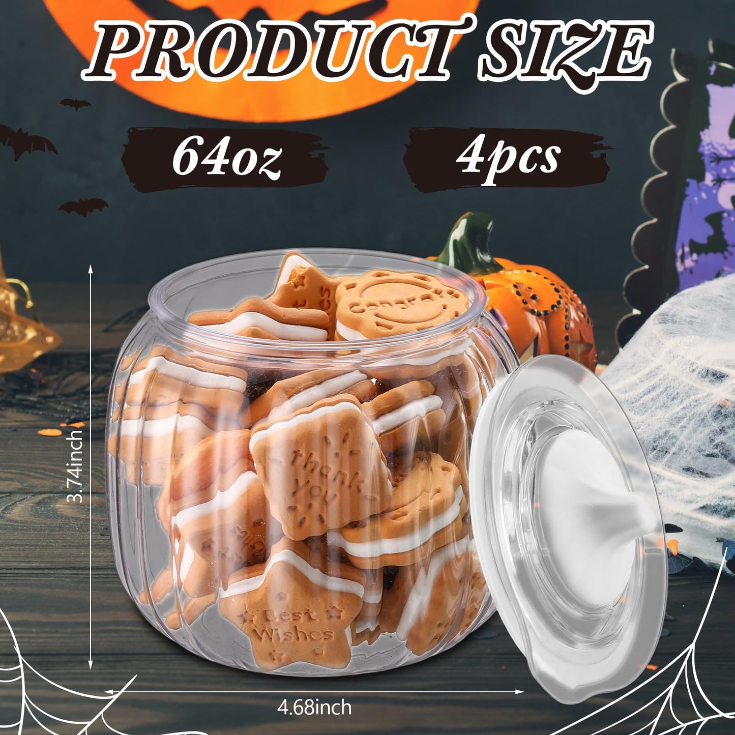 Mimorou 4 Pcs 42oz Halloween Pumpkin Jar with Lid Plastic Cookie Candy Jars with Airtight Lid Clear Pumpkin Shaped Snack Fruit Bowl for Halloween Fall Thanksgiving Home Indoor Party Decoration