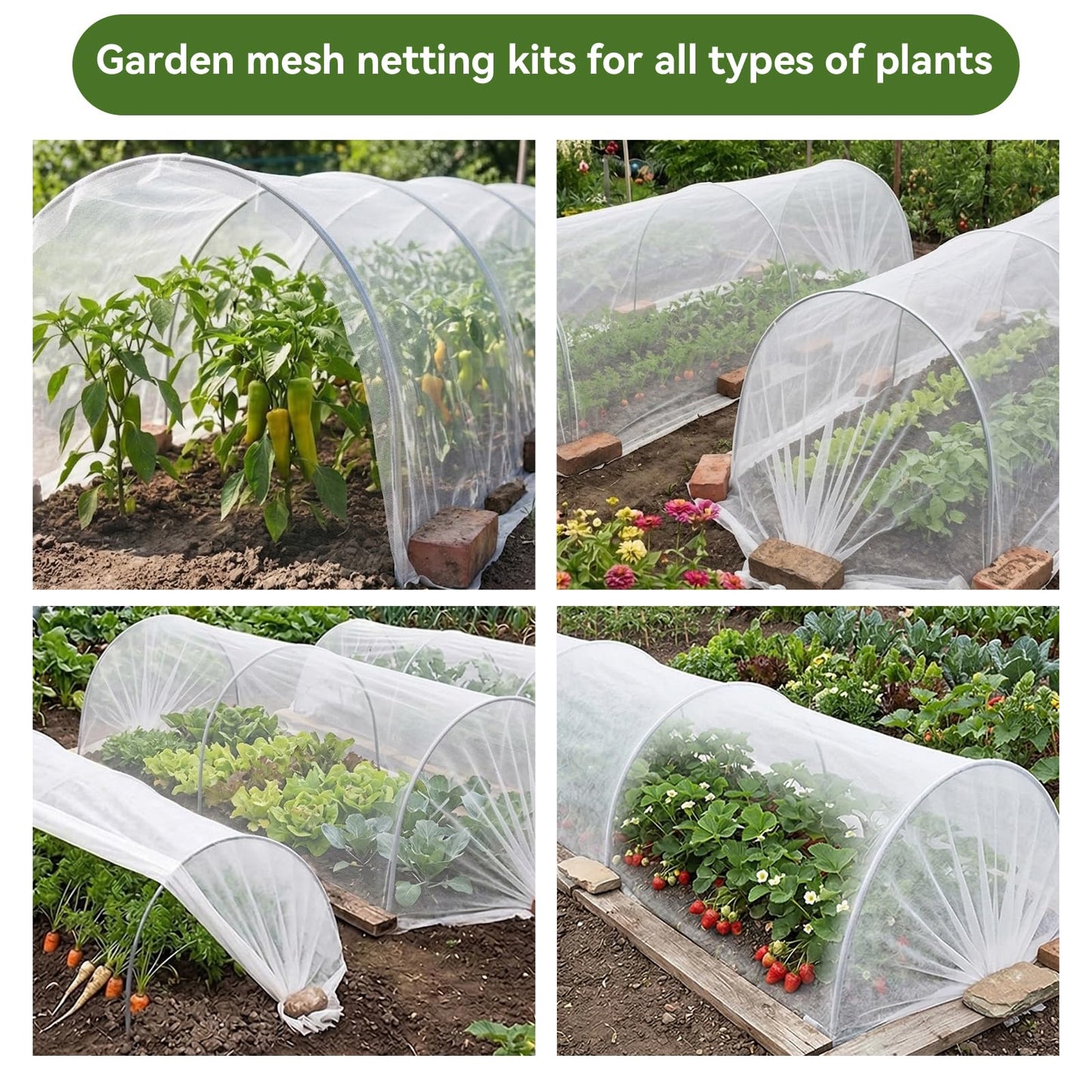 Garden Netting Kit for Raised Beds, 10x30FT Ultra Fine Mesh Netting＆ 6 Sets of 8FT Fiberglass Garden Hoops, Row Cover Insect Netting for Vegetable Plant Fruit Flowers Protection