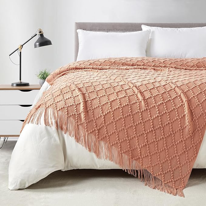 BOURINA Orange Throw Blanket 50 x70 Inches Jacquard Argyle Throw Textured Solid