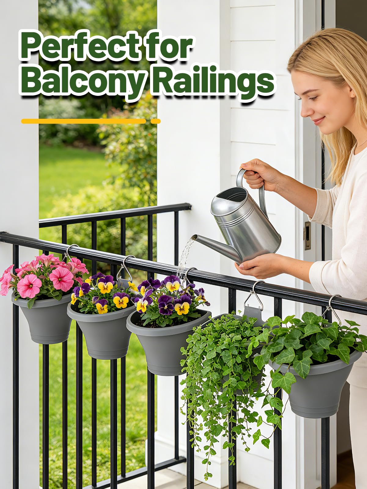 MADHOLLY 6Pcs Vertical Hanging Planters for Outdoor Plants - Wall Plant Holder for Indoor Decorations Garden Fence, Plastic Flower Pots with Drainage Grid and Hooks (Gray)