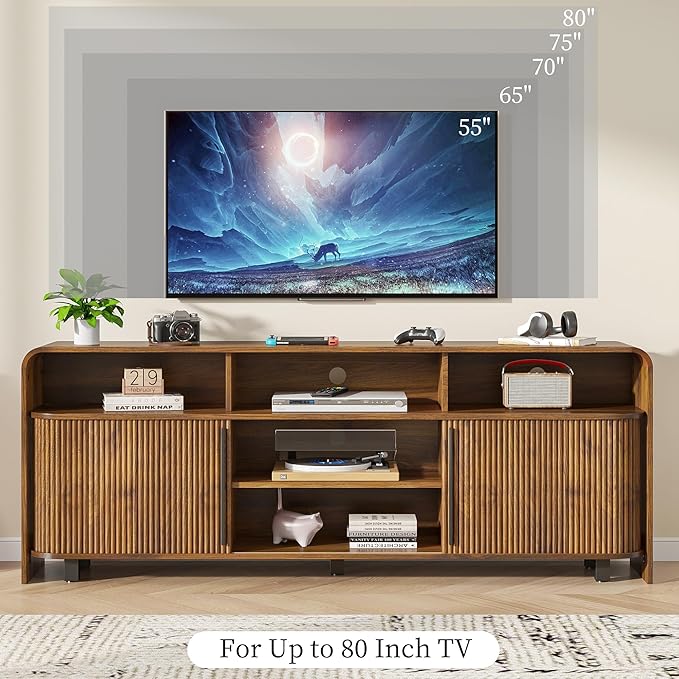 Fluted TV Stand for 75 65 80 Inch TV, 70 Inch Long Walnut Entertainment Center