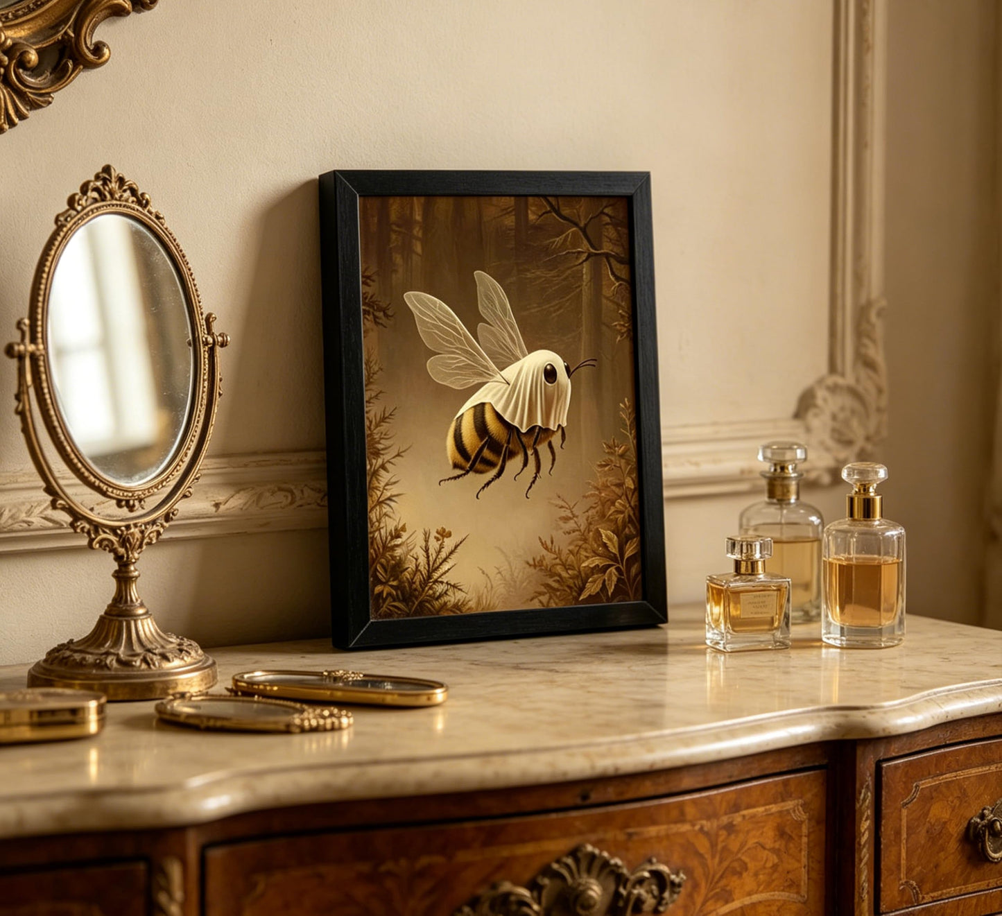 Framed Funny Ghost Bee Wall Art, Spooky Halloween Bee Canvas Print Poster, Whimsical Gothic Decor, Dark Academia Home Decoration, for Living Room Bedroom,