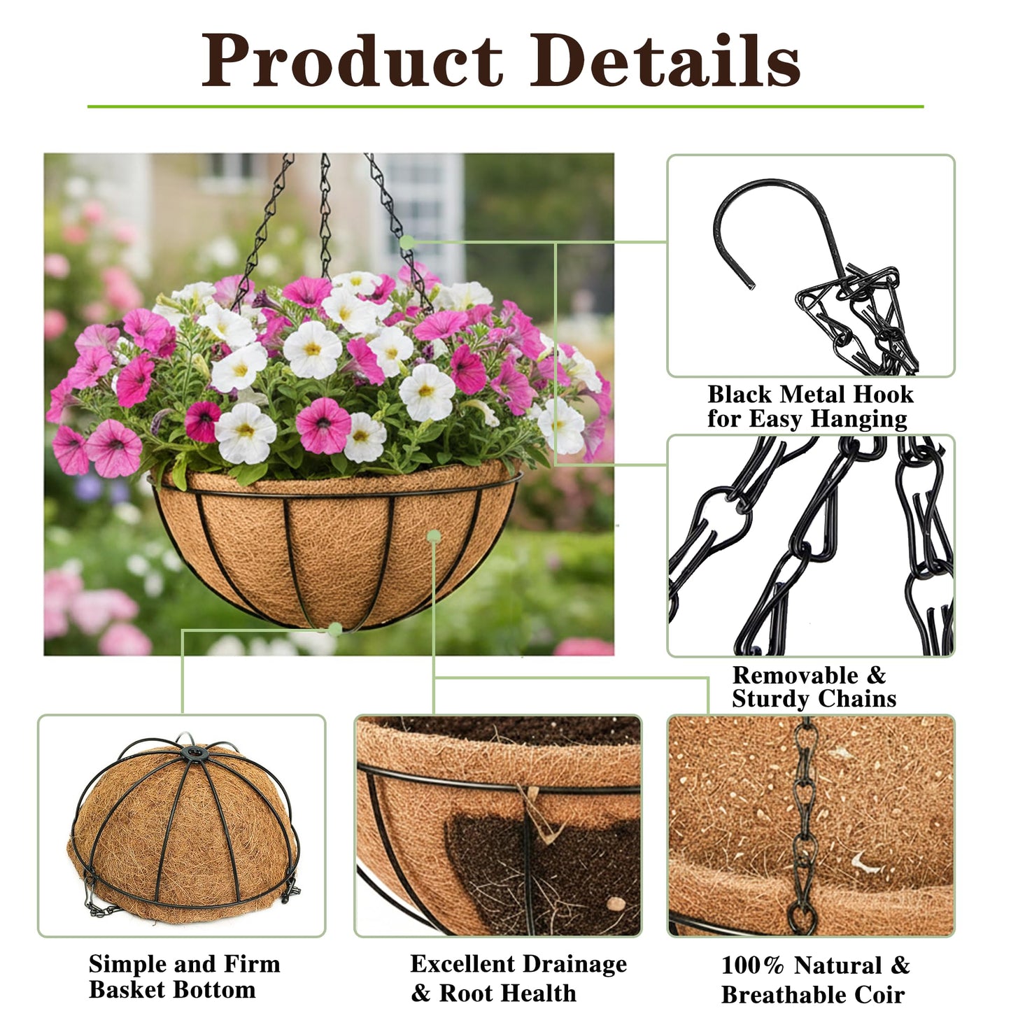EIMQUVW Outdoor Metal Hanging Planters Basket (4pack, 8 inch) Hanging Baskets for Plants Chain Round Wire Plant Holder with Coco Fiber Liners for Garden, Patio, Deck, Porch