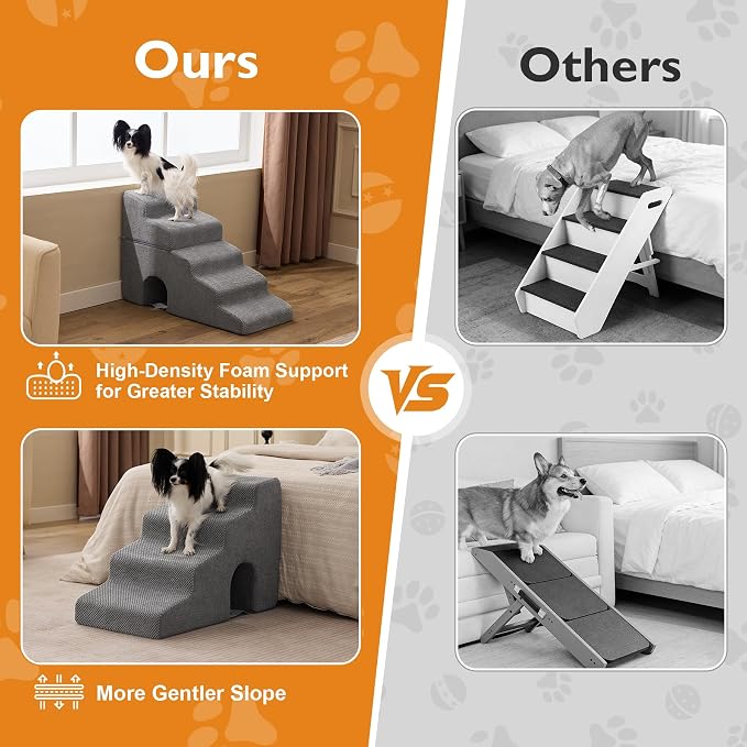 Dog Stairs for Bed 19.5’’ H, 4-Step Dog Steps for High Bed, Pet Stairs for Small Dogs and Cats to Get on Beds, Couch, Non-Slip Balanced Pet Steps and Ramp with Waterproof Cover and Tunnel, Grey