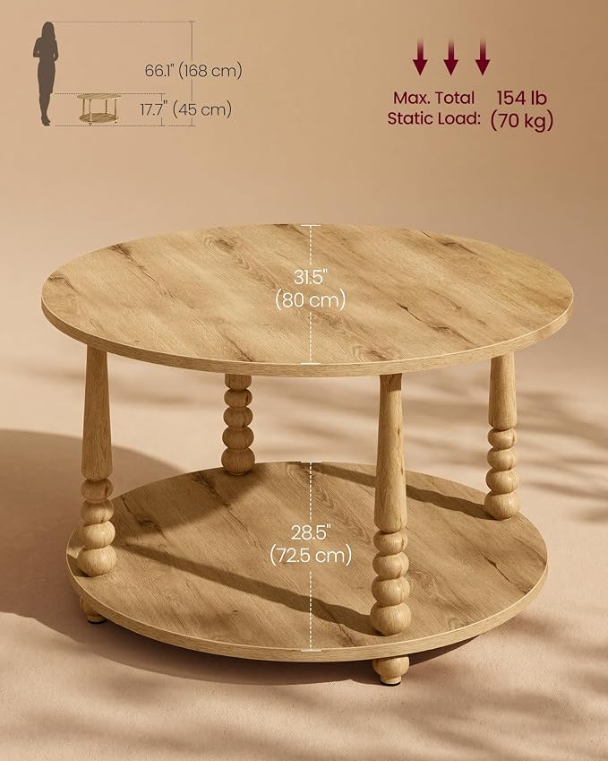 VASAGLE Round Coffee Table, 2-Tier Center Table with Storage, Solid Wood Legs, Mid-Century Modern, 31.5 Dia. x 17.7 H Inches, for Living Room, Natural Brown, Mariel Collection ULCT277HC02S