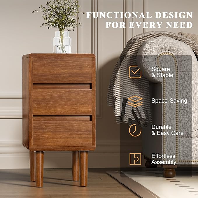 Nightstand with 3 Drawers Narrow Night Stand Solid Wood Bedside Table Mid