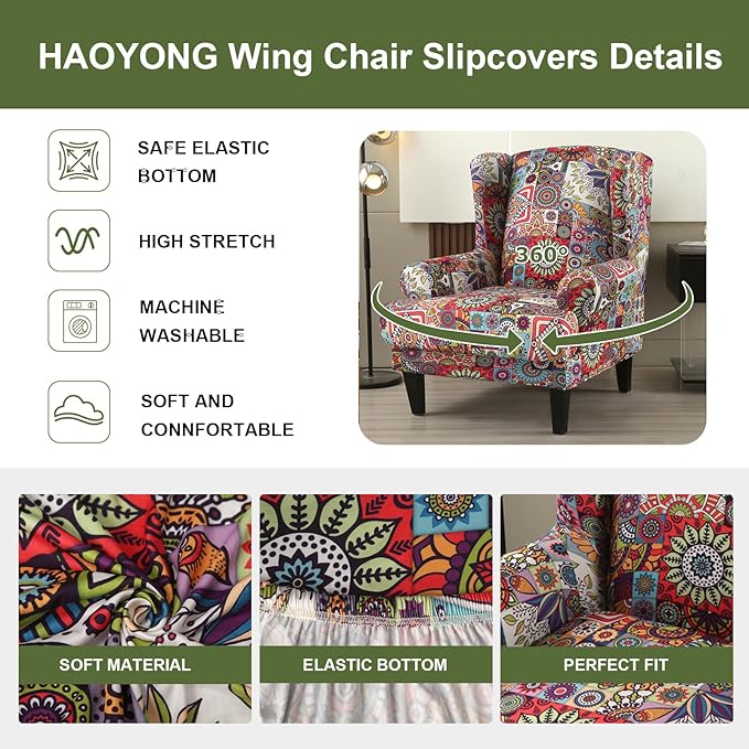 HAOYONG Wing Chair Slipcovers Elastic Boho Printed Wingback Chair Covers 2