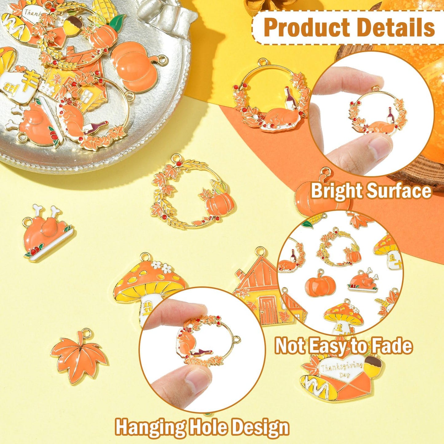 Ipotkitt 18pcs 9 Styles Thanksgiving Themed Enamel Charms Leaf Pumpkin Metal Charms Autumn Forest Hanging Ornaments for DIY Craft Bracelet Key Jewelry Making