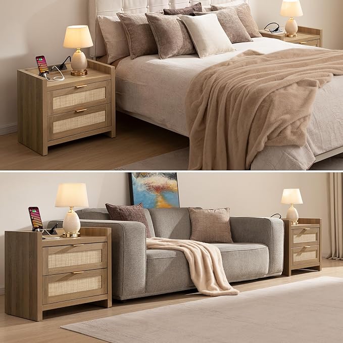 SICOTAS Rattan Nightstand End Table