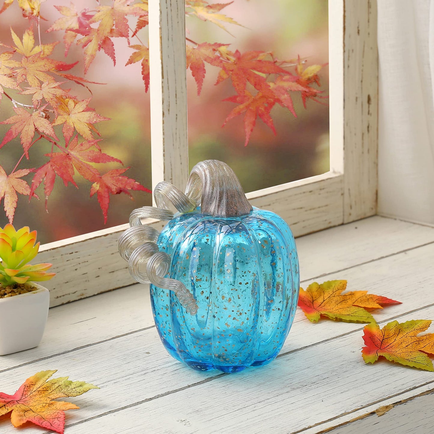 Glitzhome Hand Blown Glass Pumpkin Decor 6" Blue - Artisan Fall Table Centerpiece for Thanksgiving Harvest Home Decor Halloween Displays