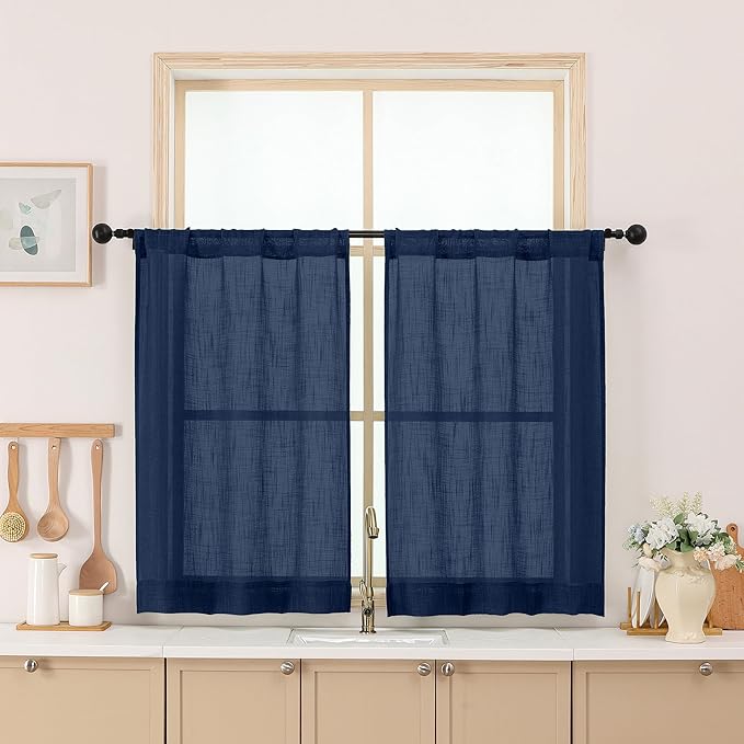 Chyhomenyc Navy Blue Semi Sheer Curtains 36 Inch Length, Light Filtering Faux