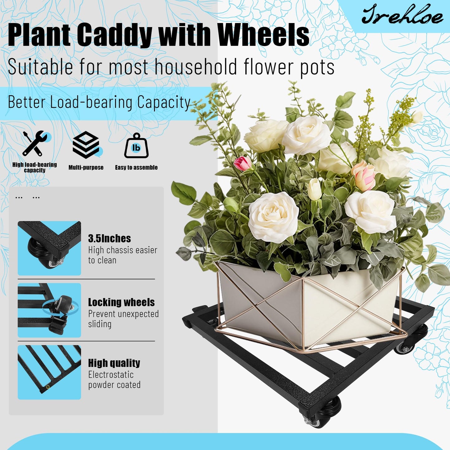 Srehloe 12 Inch Plant Caddy with Wheels Lockable Heavy Duty Trolley Large Metal Square Plant Dolly Plant Roller Base Potted Stand Suitable for Indoor Outdoor Plant Pots Black
