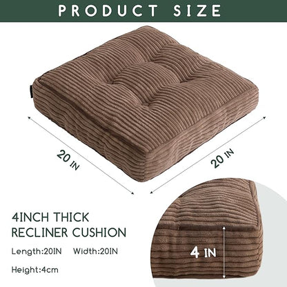 Tufted Corduroy Recliner Seat Cushion for Elderly, High Density Foam Large Square Seat Cushion for Recliner Chair, Floor Pillow, Office Chair, Car, No Pressure on Thighs, 20x20x4