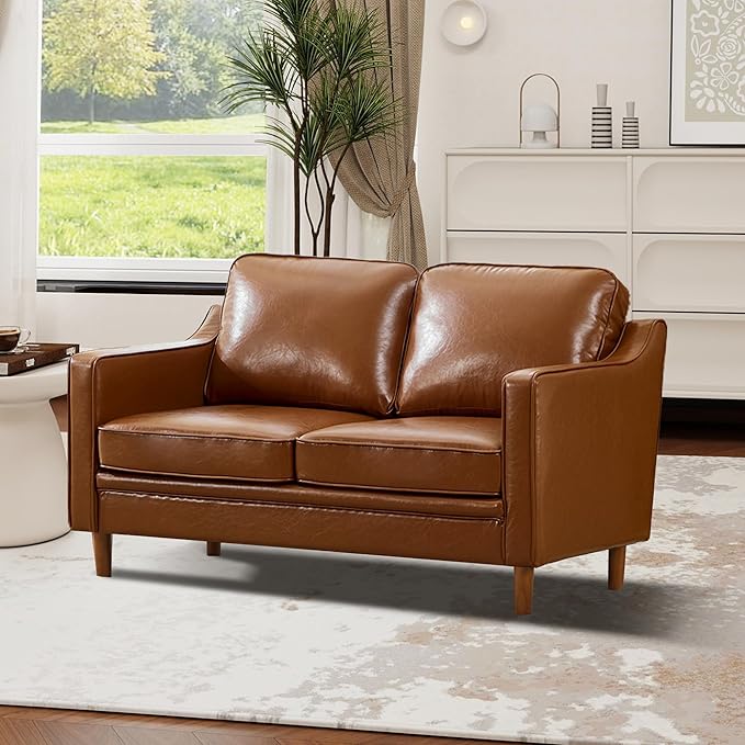 Kingfun 56" Faux Leather Sofa, Loveseat Couch, Mid Century Modern Love Seat
