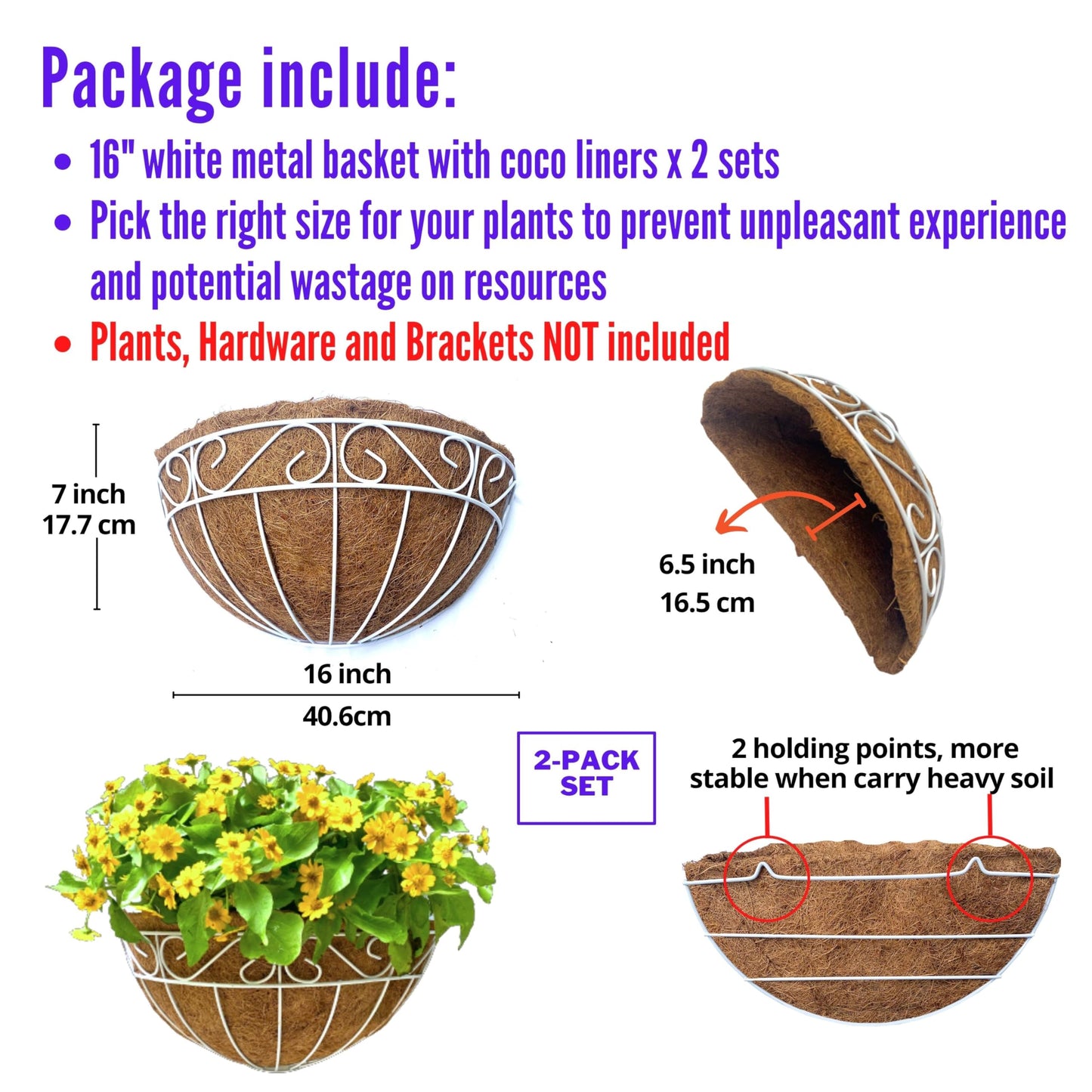 LaLaGreen Wall Mounted Flower Baskets (2 Pack, 16 Inch) Extra Large Deck Rail Hanging Planters with Coco Liner for Outdoor Plants White Metal Wire Herb Pots Holder Fence Railing Porch Patio Garden