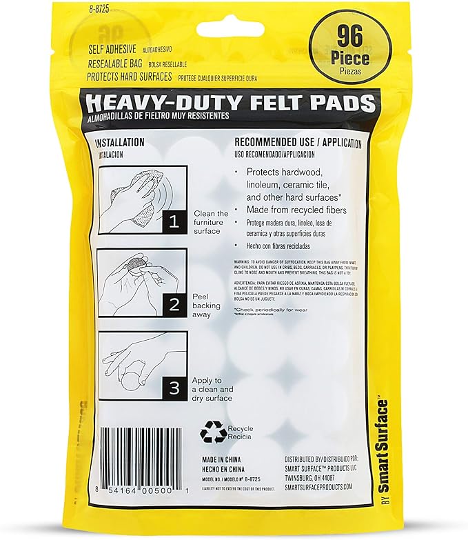 Smart Surface 8725 Heavy Duty Self Adhesive Furniture Felt Pads 1-Inch Round
