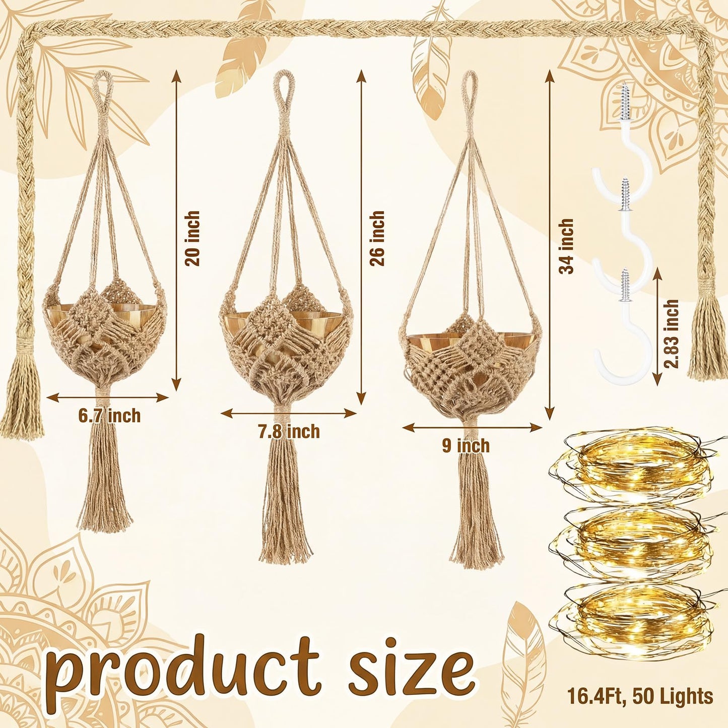 Sliner 3 Pack Jute Crochet Plant Hanging Baskets with Lights and Hooks Macrame Plant Hangers Boho Hanging Baskets for Indoor and Outdoor Home Decor, 3 Different Size