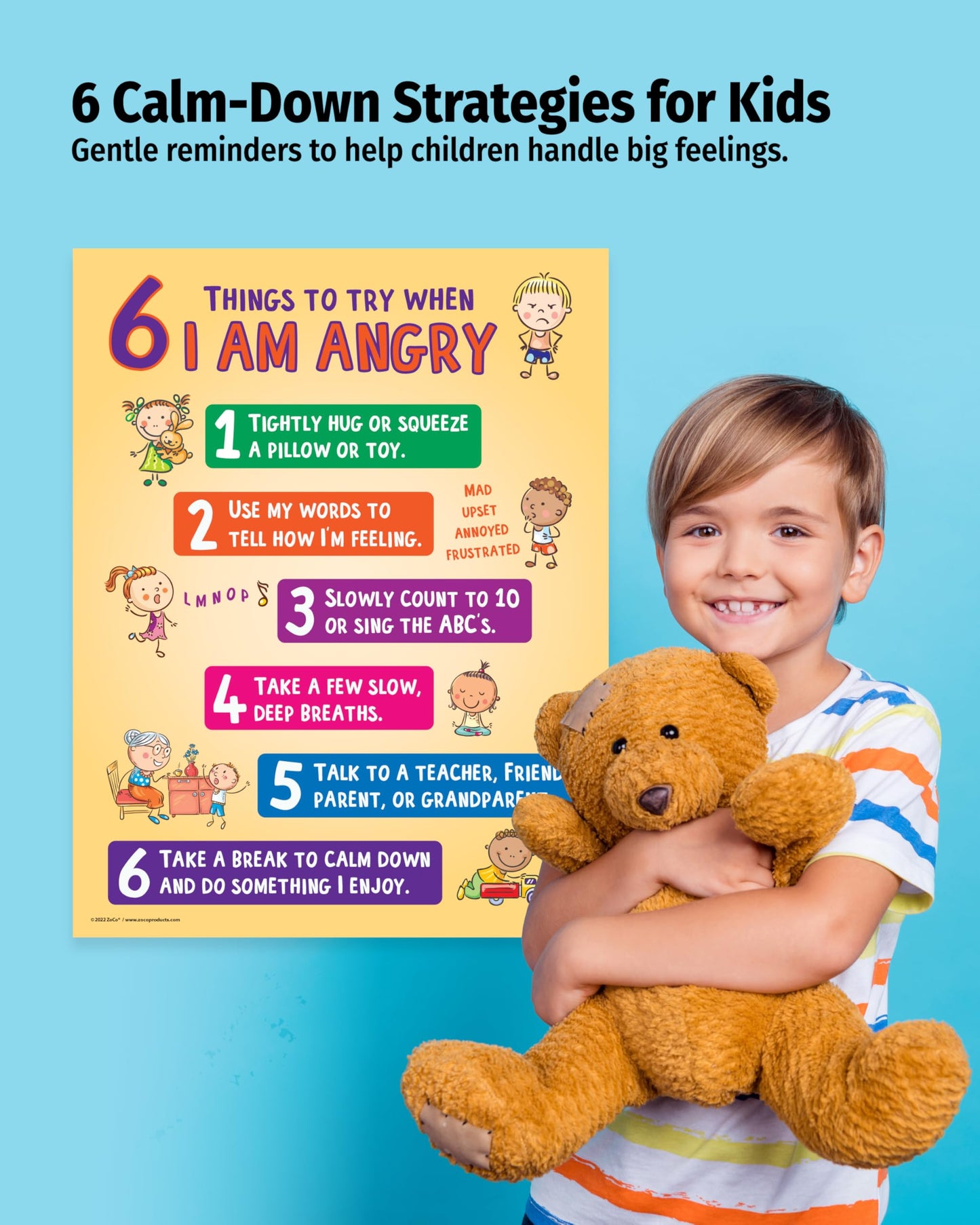 ZOCO – 6 Anger Control Strategies Posters (10-Pack) – Calm Down and Manage Emotions for Toddlers – Classroom Behavior Management for Preschool, Daycare, and Homeschool – Made in USA