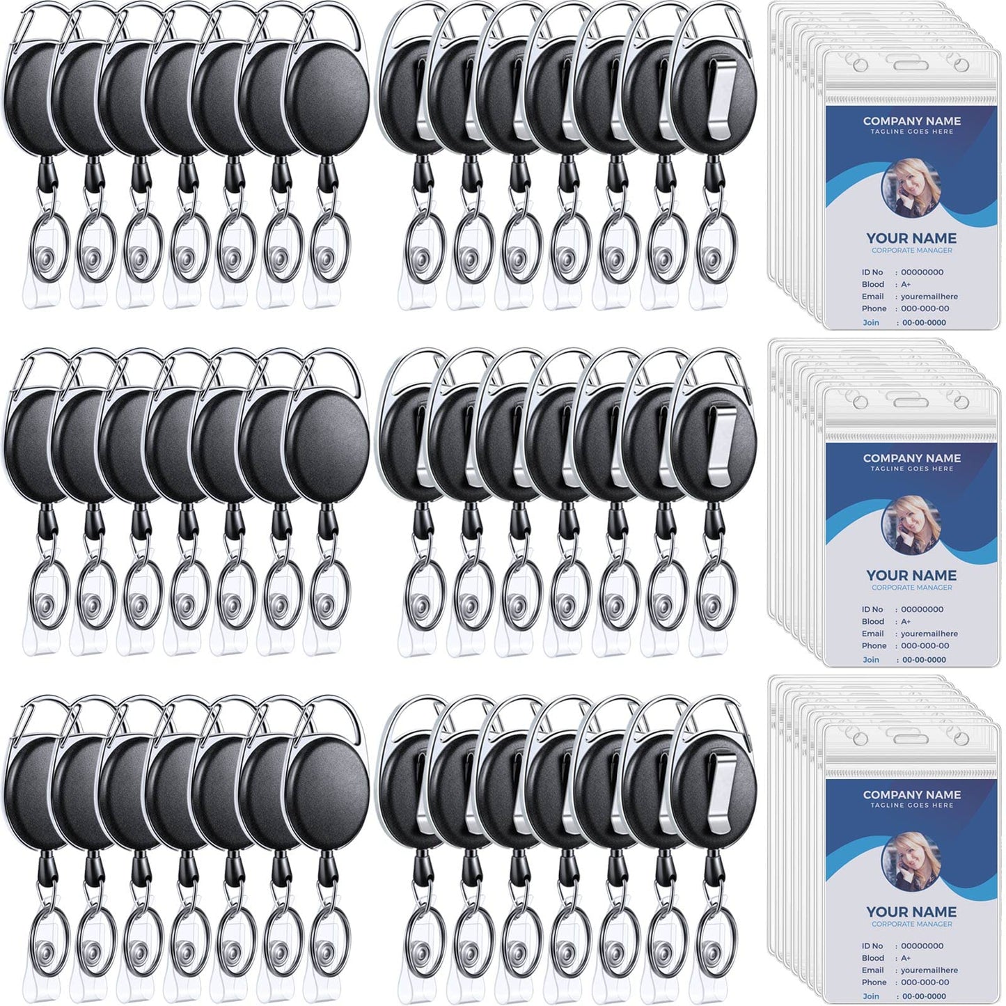 Laumoi 60 Pack Heavy Duty Retractable Badge Holder Reel with Belt Clip Keyring and Waterproof Vertical ID Card Holders for ID Name Card Keychain Badge, Black