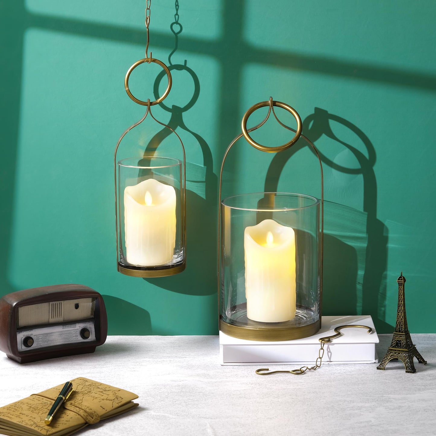 4" & 6" Wide Handmade Sturdy Glass Cylinder Jar with Metal Stand in Antique Brass, Display Glass Container for Candles and Plants, Hurricane Lantern, Candle Holder, Industrial, Farmhouse, Outdoor