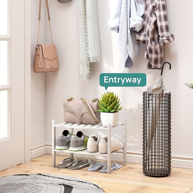 viewcare White Small Shoe Rack for Entryway, 2-Tier Bamboo Shoe Organizer for