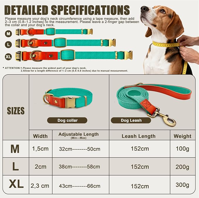 Dog Collar and Leash Set with Metal Quick Release Buckle, Adjustable, Breathable Nylon, Durable, Soft and Comfortable, No Pull for Walking and Training, Cyan, L (14.9"-22.8")