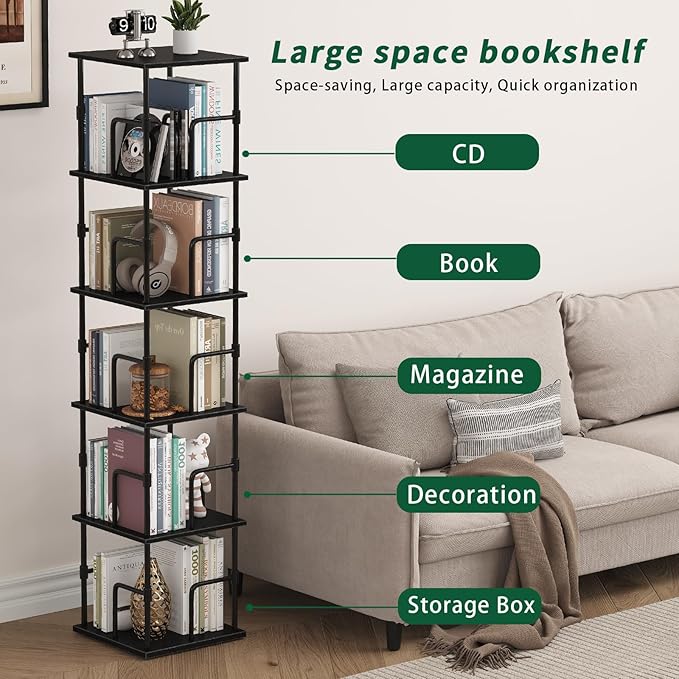 5-Tier Rotating Bookshelf, Freestanding Corner Bookshelf Industrial Style