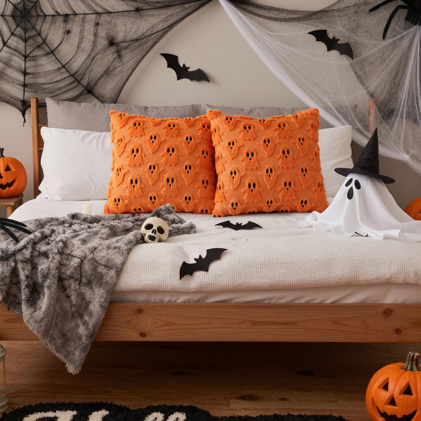 decorUhome Fall Halloween Ghost Pillow Covers 18x18 Inch Pack of 2 Soft Plush Faux Wool Textured Throw Pillow Covers Cute 3D Ghost Decorative Cushion Cases for Couch Sofa Bedroom Home Decor, Orange