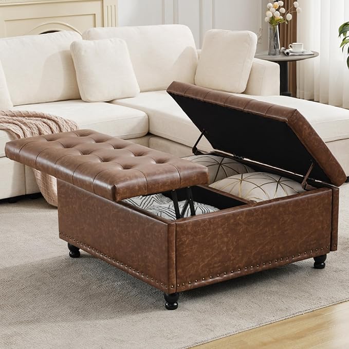 Tbfit Large Square Storage Ottoman Bench, Tufted Upholstered Coffee Table