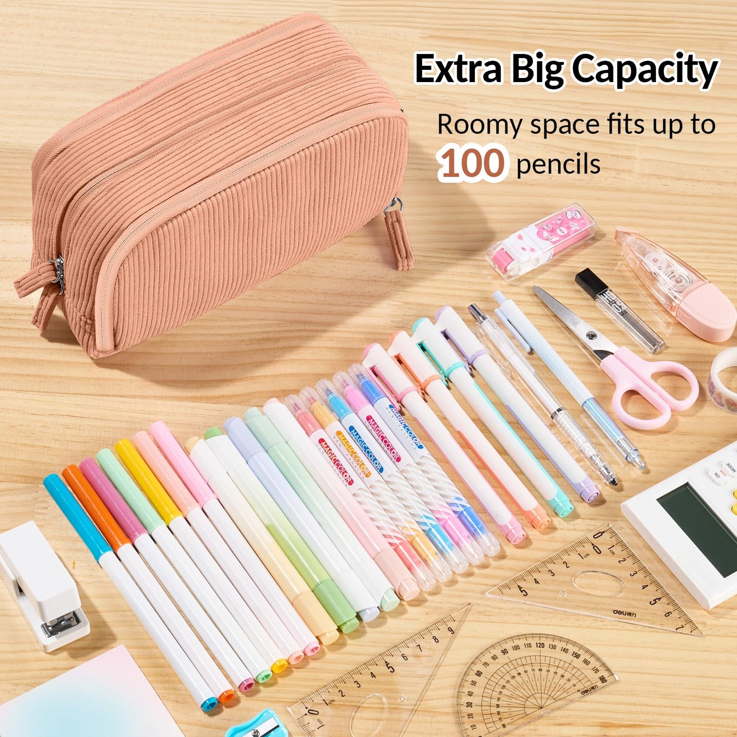 Sooez Big Capacity Pencil Case Pen Pouch, Soft Corduroy Pencil Bag with 3 Compartment, Multiple Pockets, Sturdy Zipper, Cute School Supplies Pen Bag Organizer For Teen Girls College-Orange