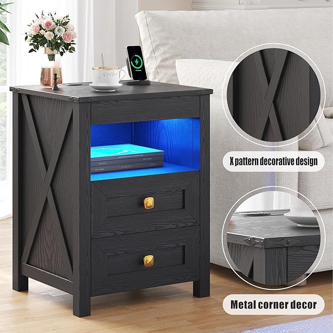 HWB LED Nightstand with Gun Drawer: Bedside Table with Charging Station