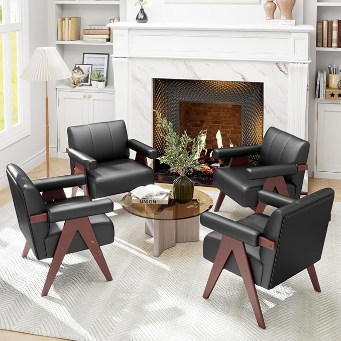 STHOUYN Black Leather Accent Chairs, Mid Century Modern Chair, Side Arm Chairs