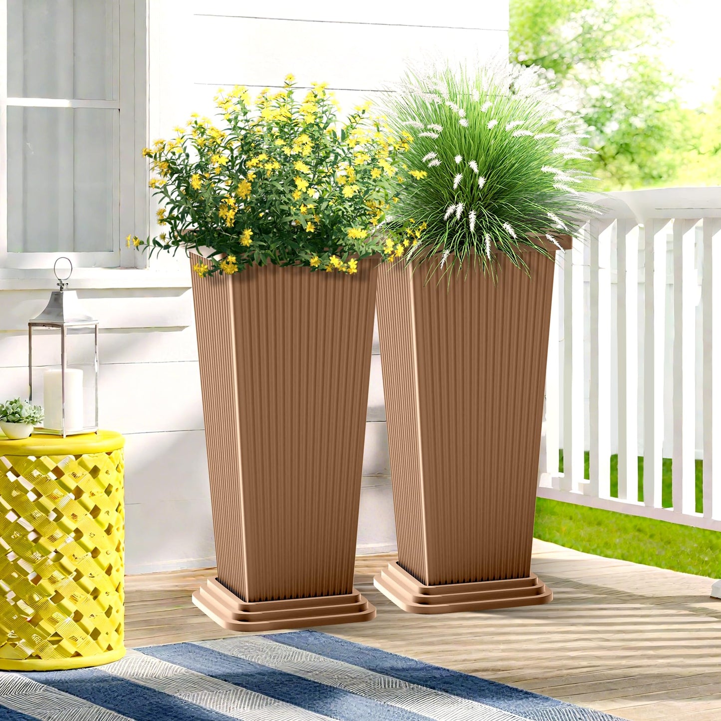 FENCY Set of 2 Tall Planters for Outdoor Plants, 24 Inch Large Tapered Pots with Drainage Trays, Weather-Resistant Plastic Plant Containers for Patio, Porch, Garden, Front Door Decor,Brown, Striped