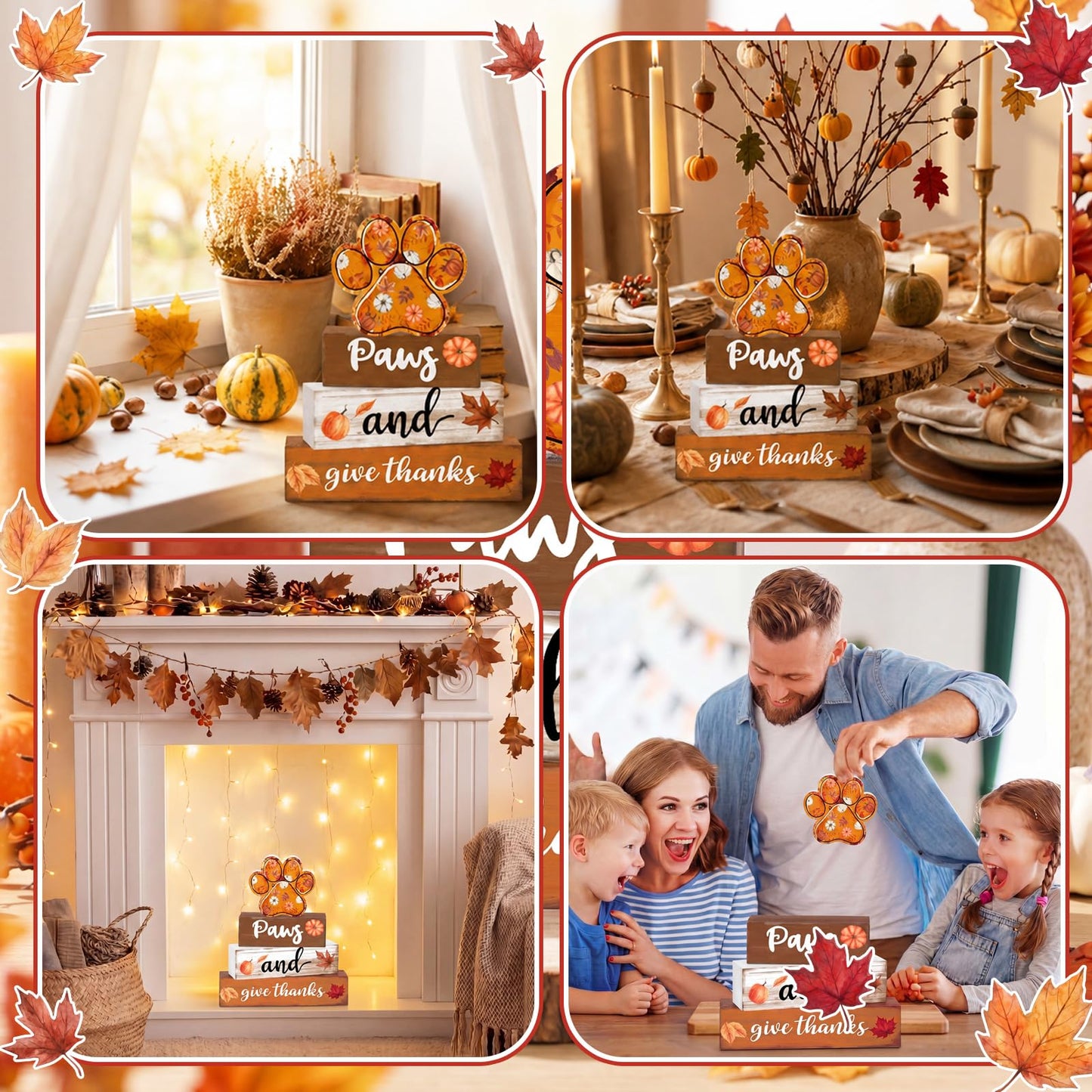 Amyhill 4 Pcs Fall Dog Paw Print Decorations Autumn Pet Lover Gift Wooden Pumpkin Maple Leaf Tiered Tray Set Table Centerpiece Sign Decor Thanksgiving Harvest Sign for Shelf Coffee Bar Home