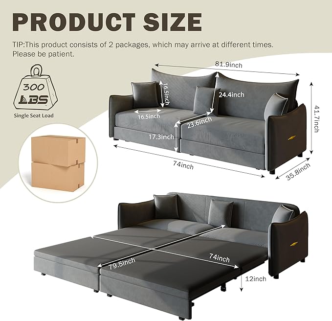 KEIKI 81.9" 3-in-1 Convertible Sofa Bed, Modern Velvet Sleeper Couch